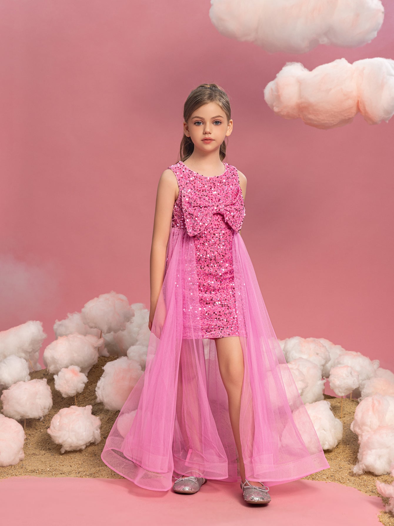 Tween Mädchen-Minikleid mit Schleife vorne und Mesh-Overlay und Pailletten 