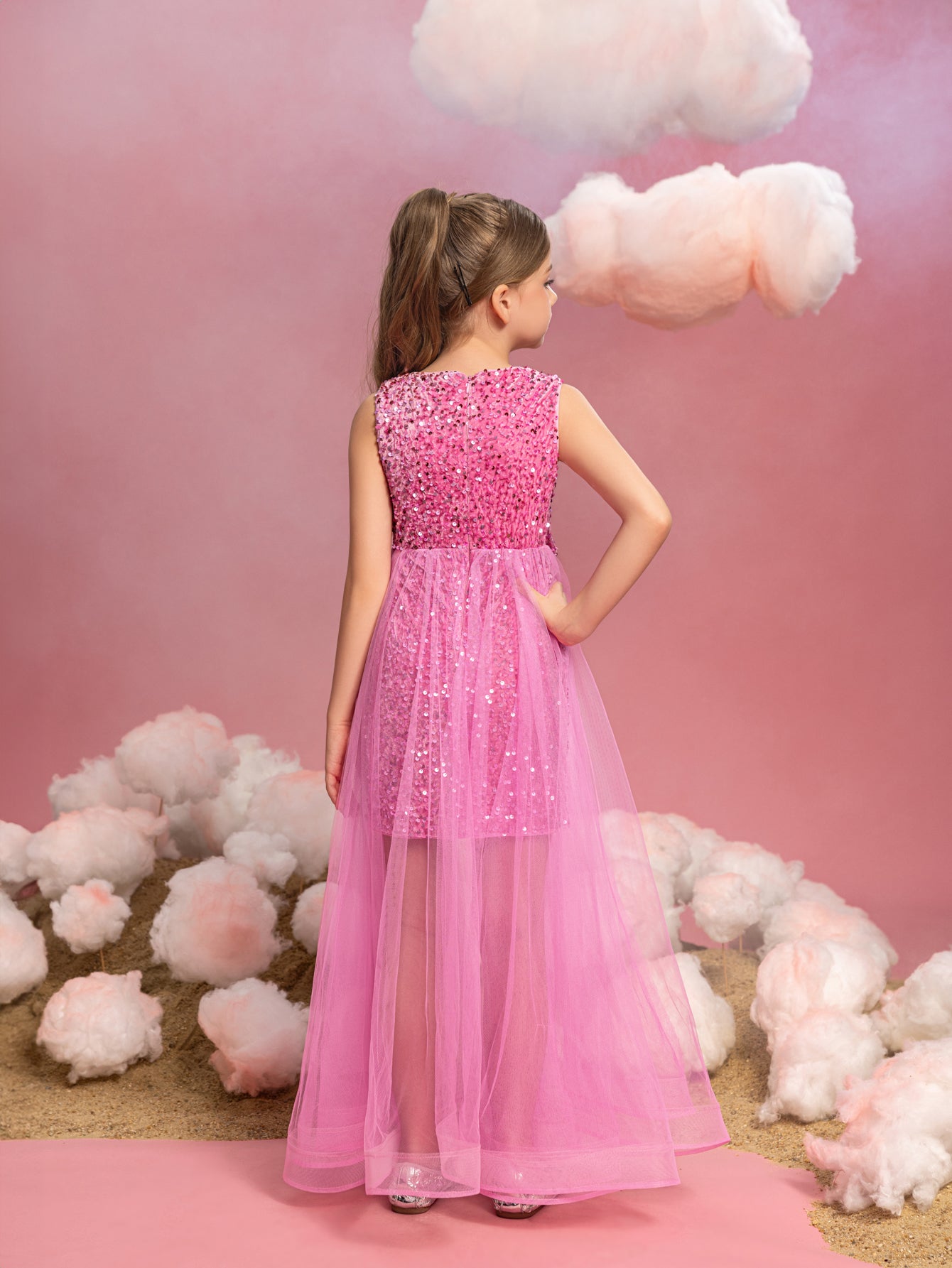 Tween Mädchen-Minikleid mit Schleife vorne und Mesh-Overlay und Pailletten 