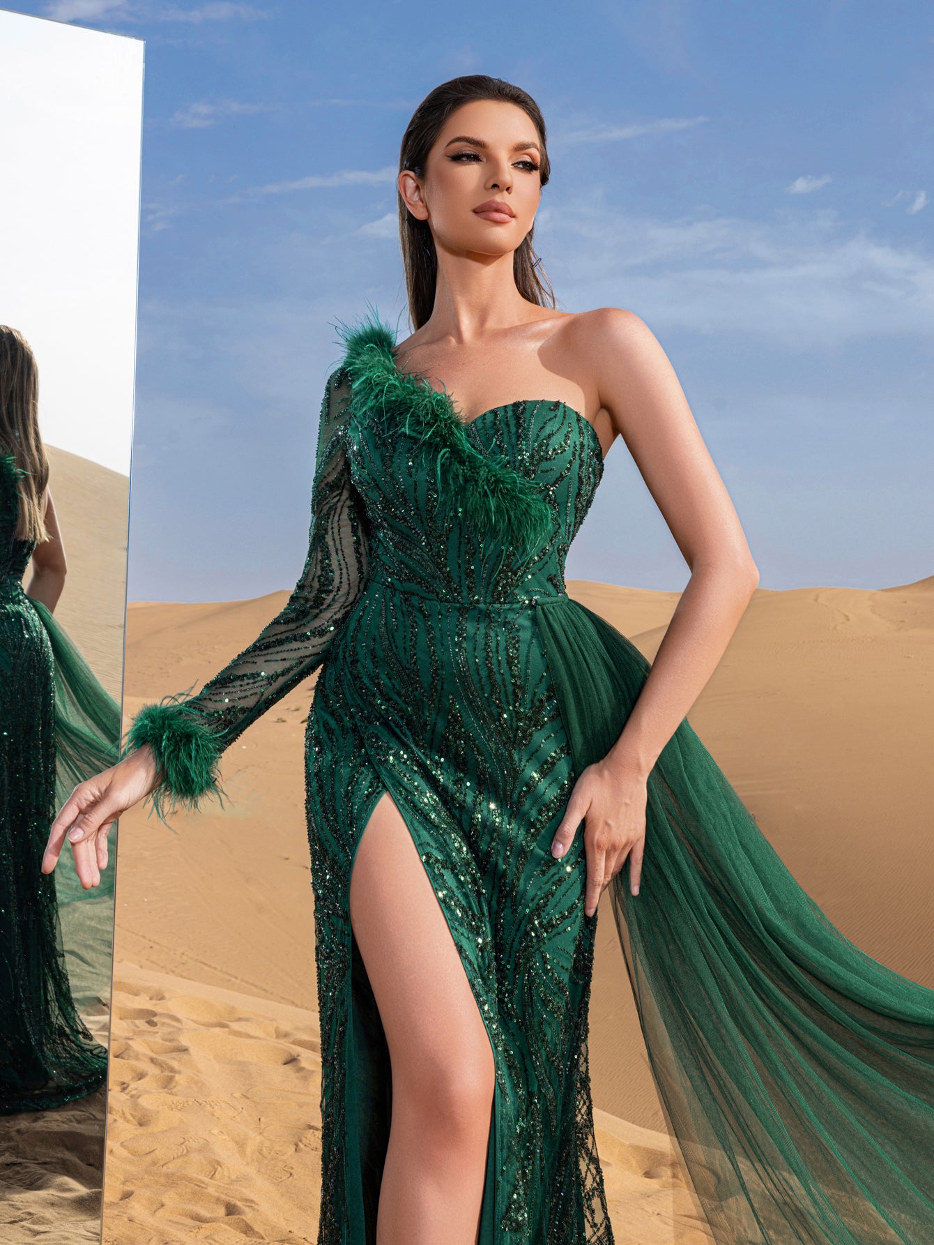 Gorgeous Feather Trim One Shoulder Single Sleeve Mermaid Hem Beaded Formal Dress Evening Dress