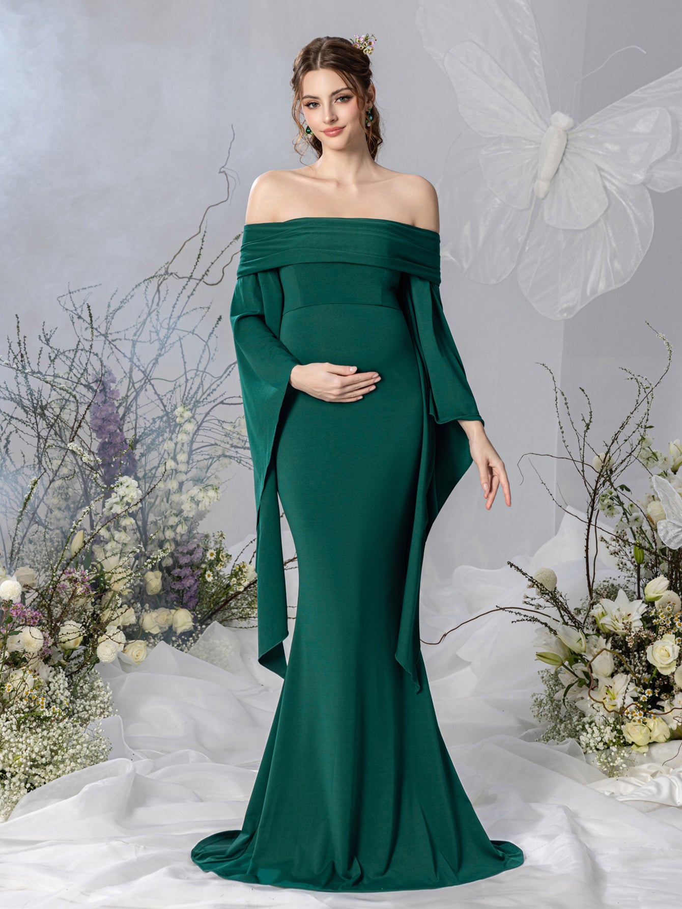 Maternity Off Shoulder Flared Sleeves Mermaid Hem Evening Dress