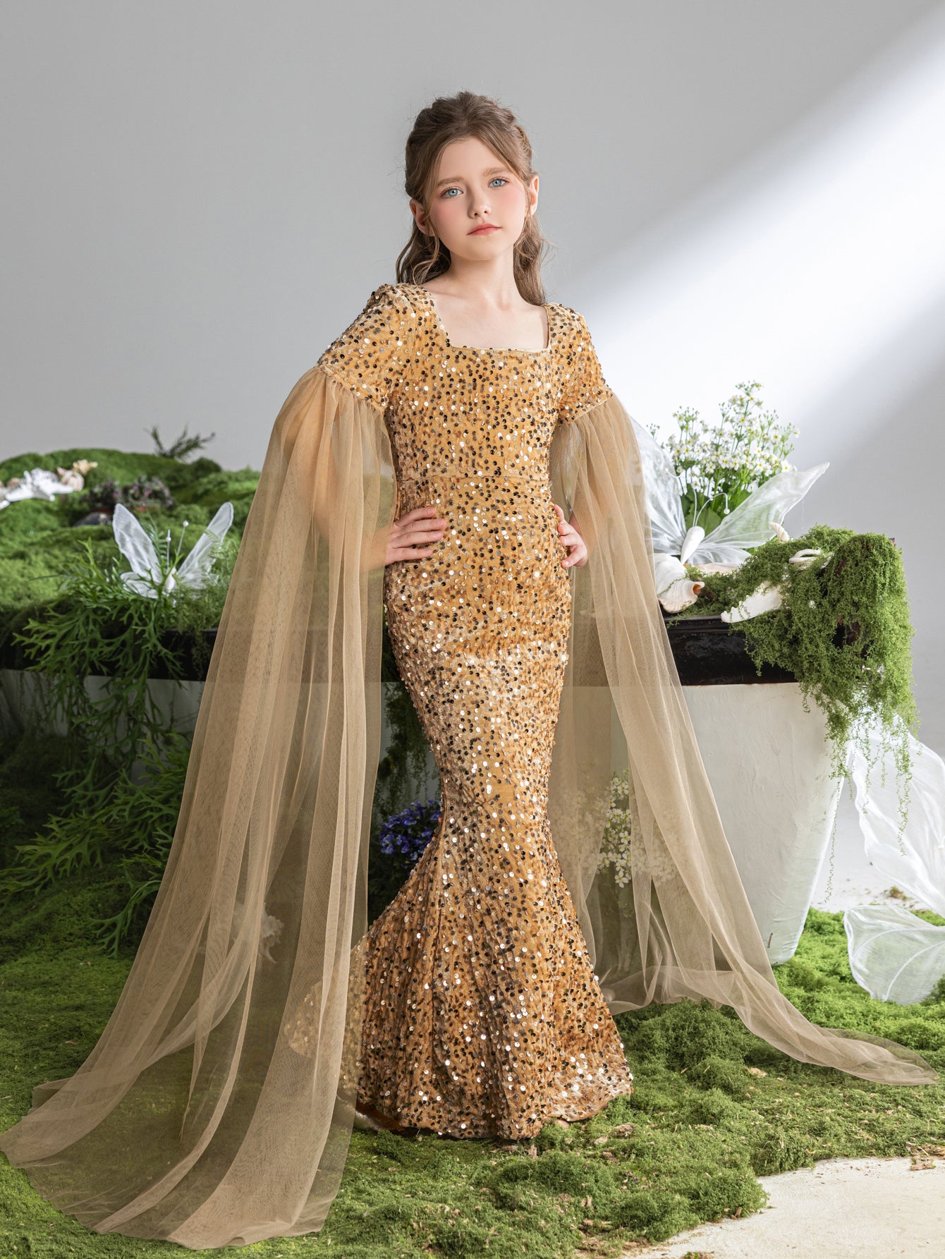 Tween Girls' Square Collar Cloak Sleeves Sequin Mermaid Dress