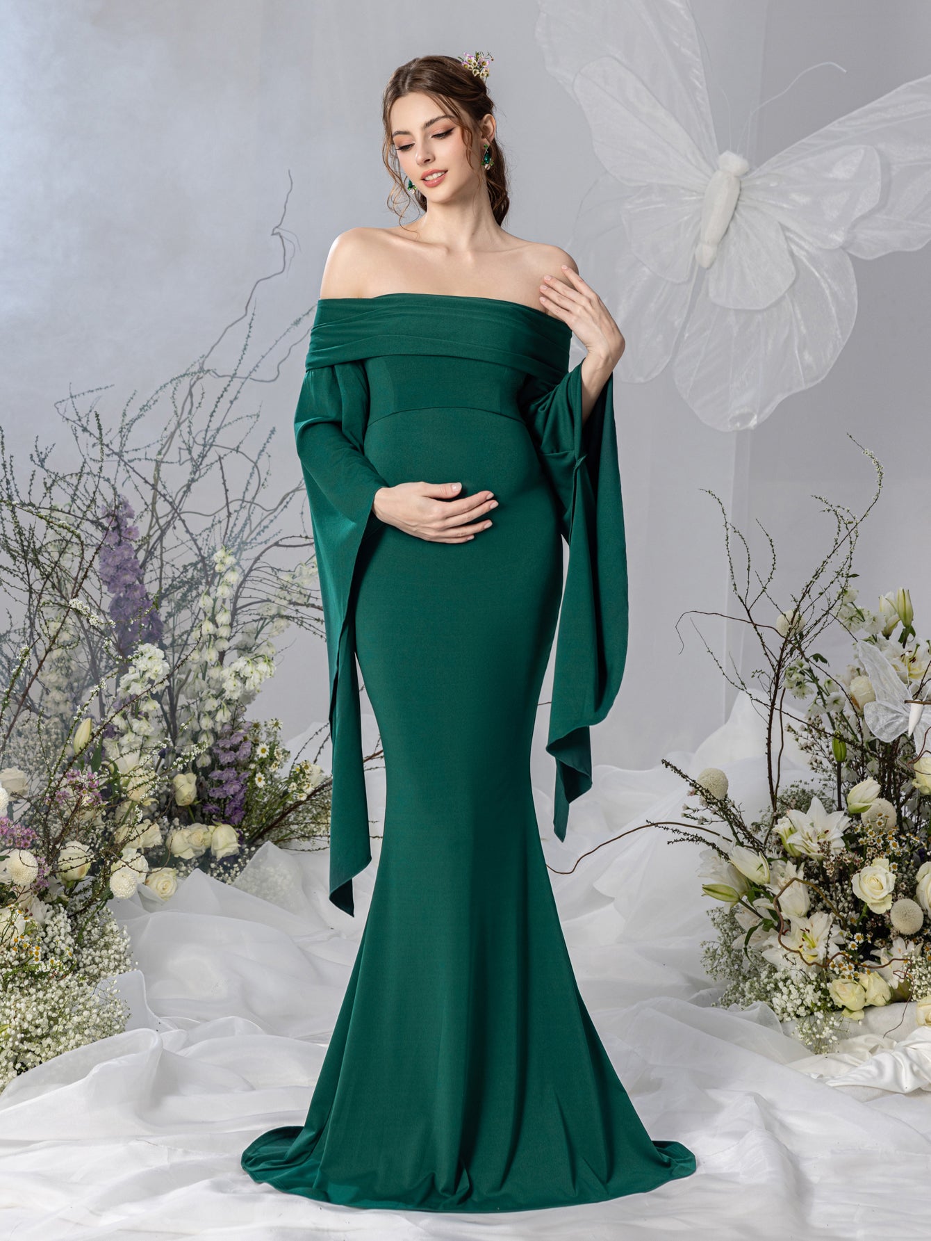 Maternity Off Shoulder Flared Sleeves Mermaid Hem Evening Dress