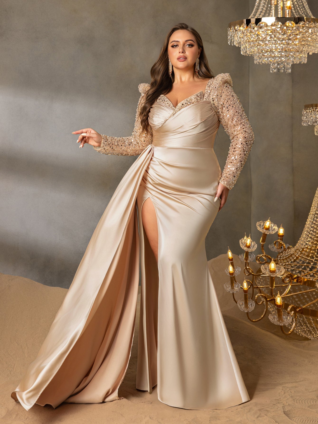 Plus Elegant Satin Sweetheart Neck Evening Gown with Sequined Long Sleeves and High Slit