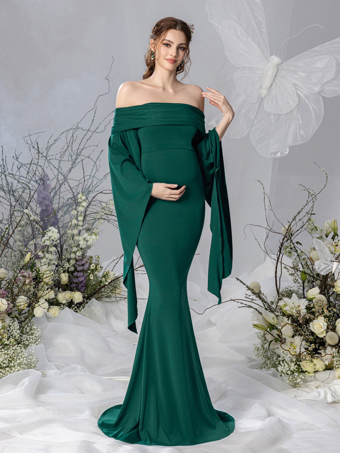 Maternity Off Shoulder Flared Sleeves Mermaid Hem Evening Dress