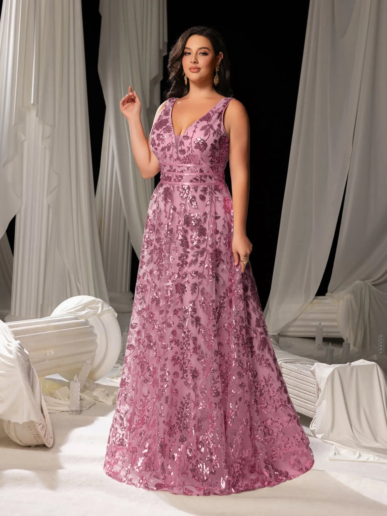 Plus Plunging Meck Backless Floral Sequin Prom Dress