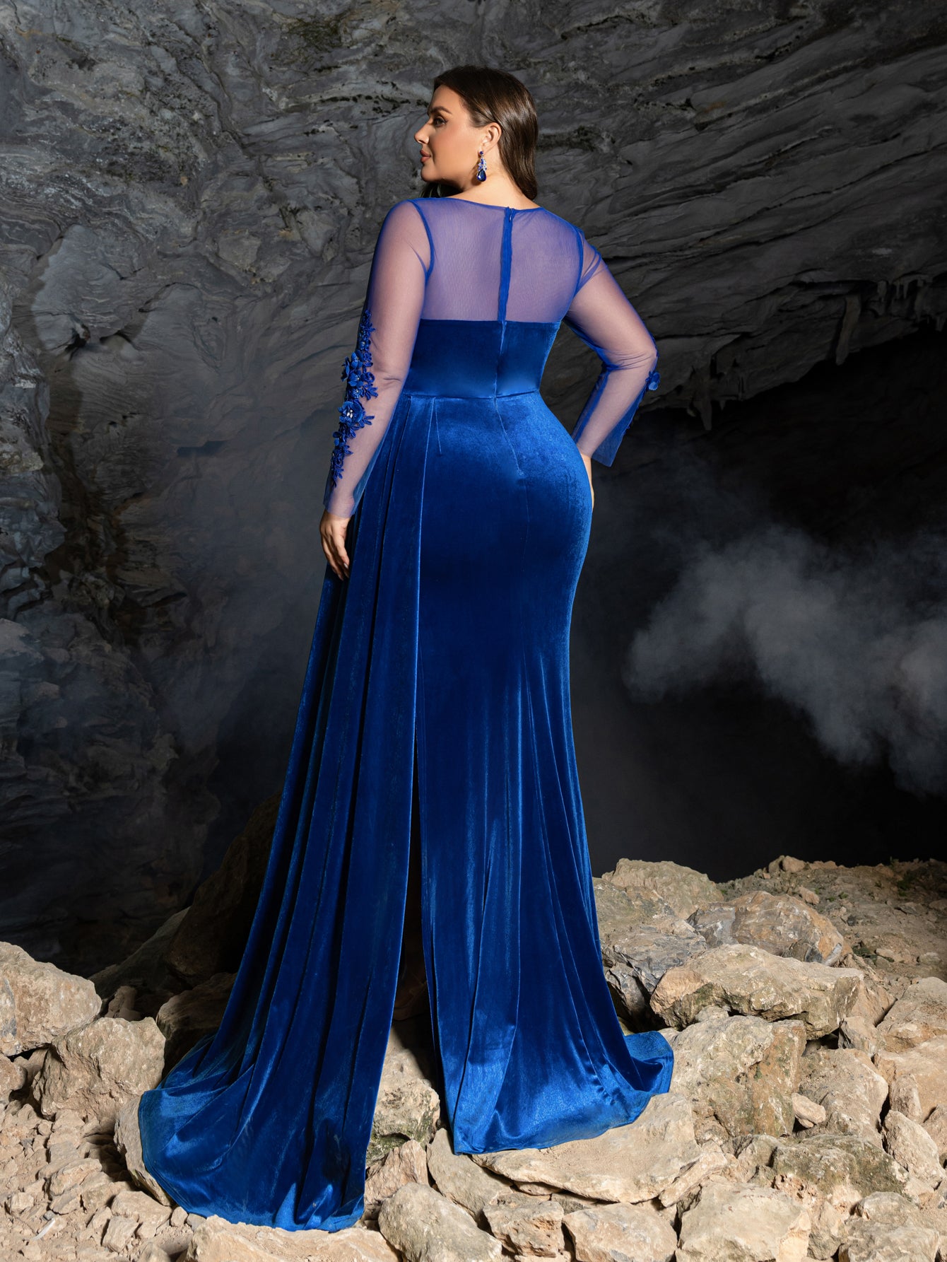 Plus Floral Embroidered Velvet Evening Dress | Illusion Sleeves with Low Back & High Slit