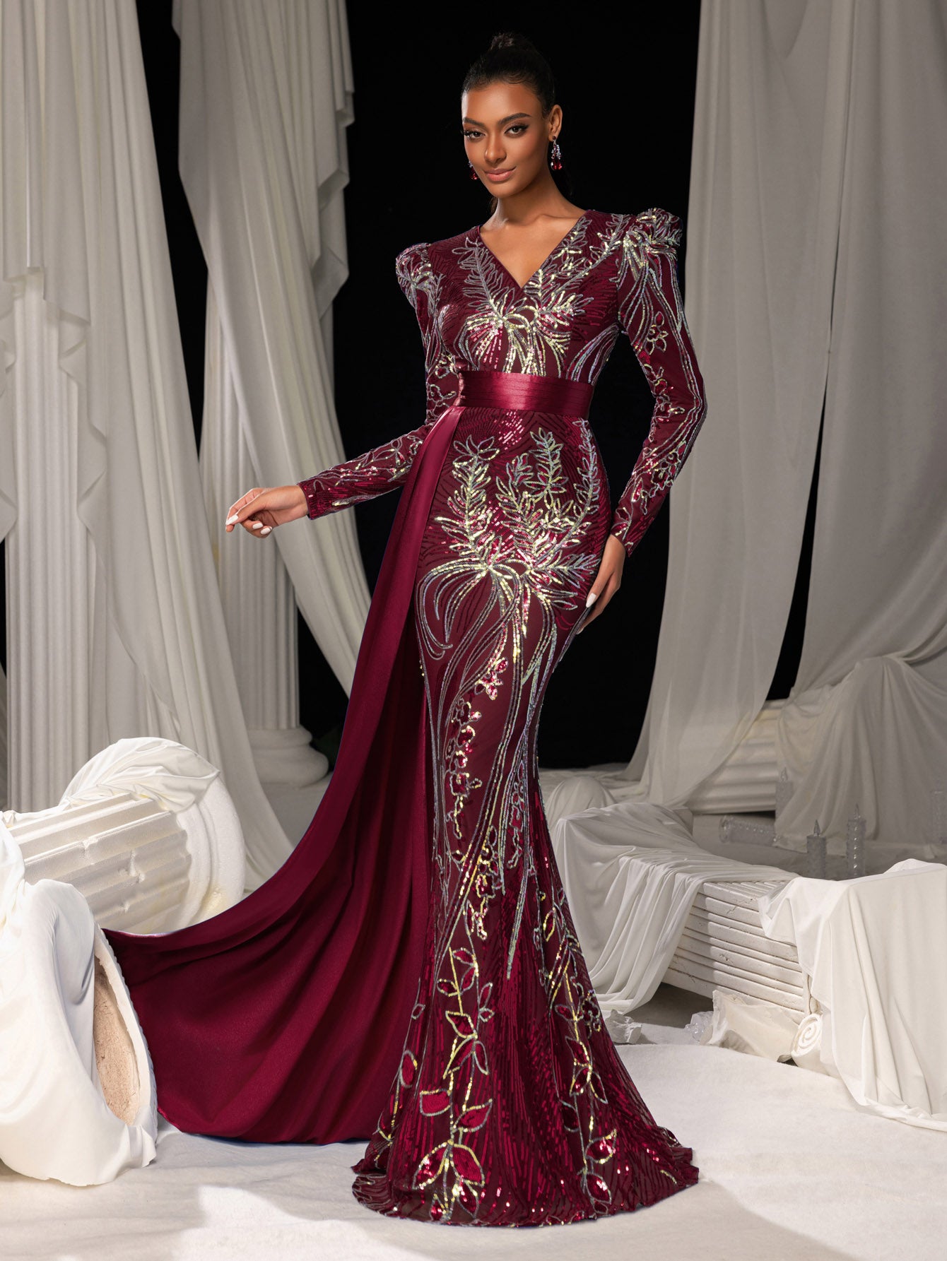 Elegant Sequin Embroidered V-Neck Mermaid Gown | Long Sleeve with Wide Belt & Sweep Train