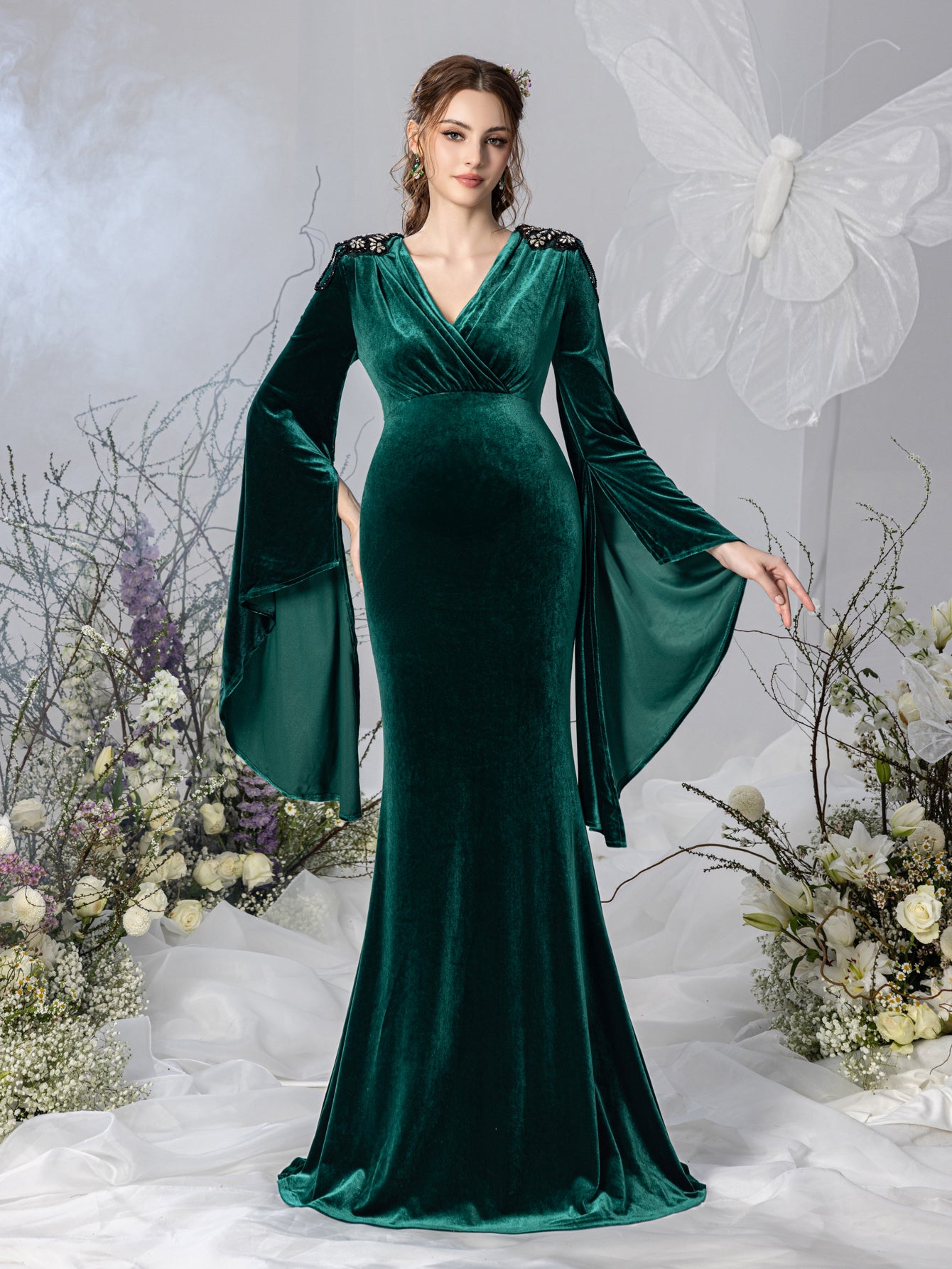 Maternity Surplice Neck Flared Sleeves Mermaid Hem Velvet Evening Dress