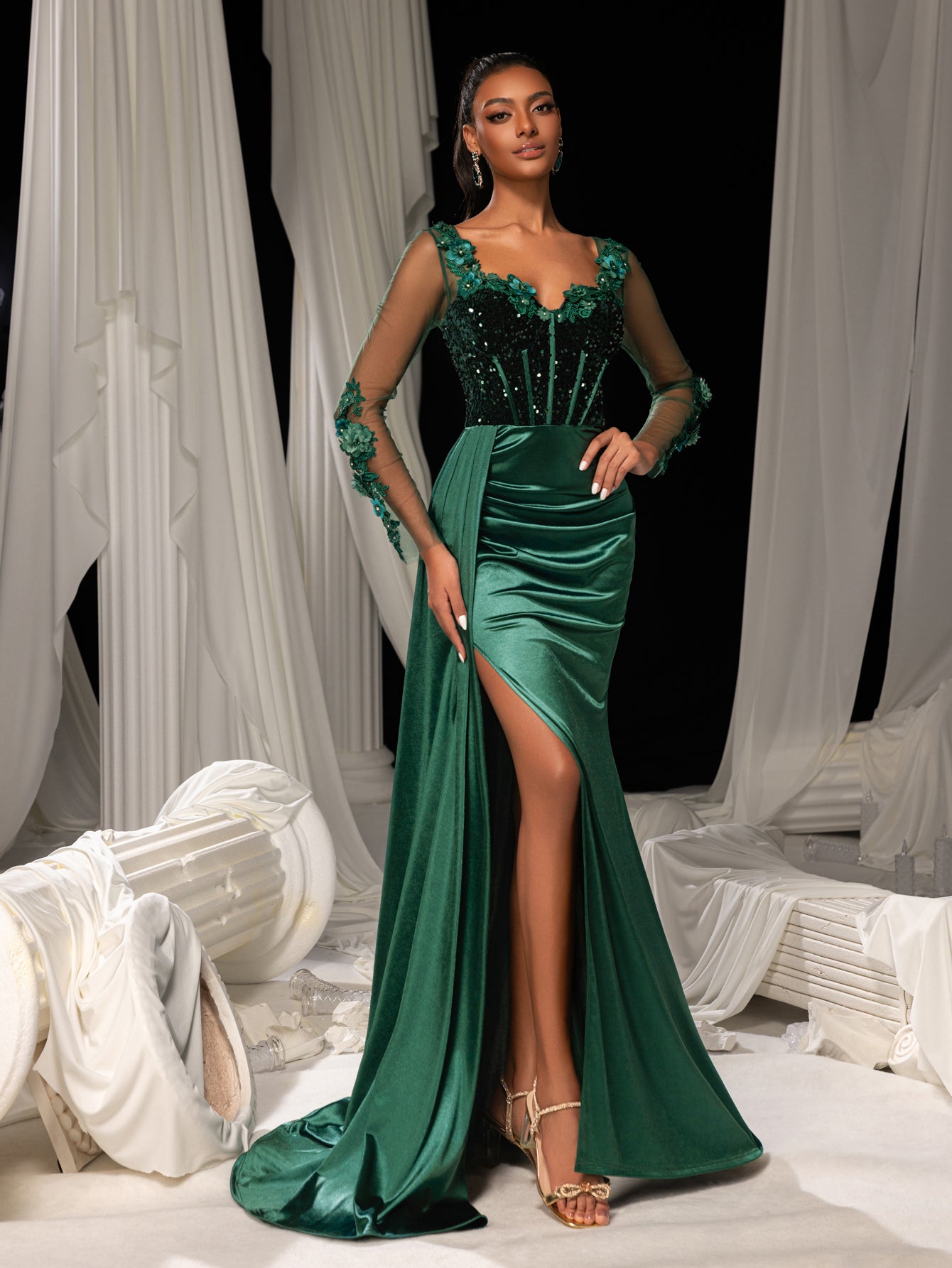 Elegant Sequin Bodice Sheer Sleeves Mermaid Hem Satin Evening Dress