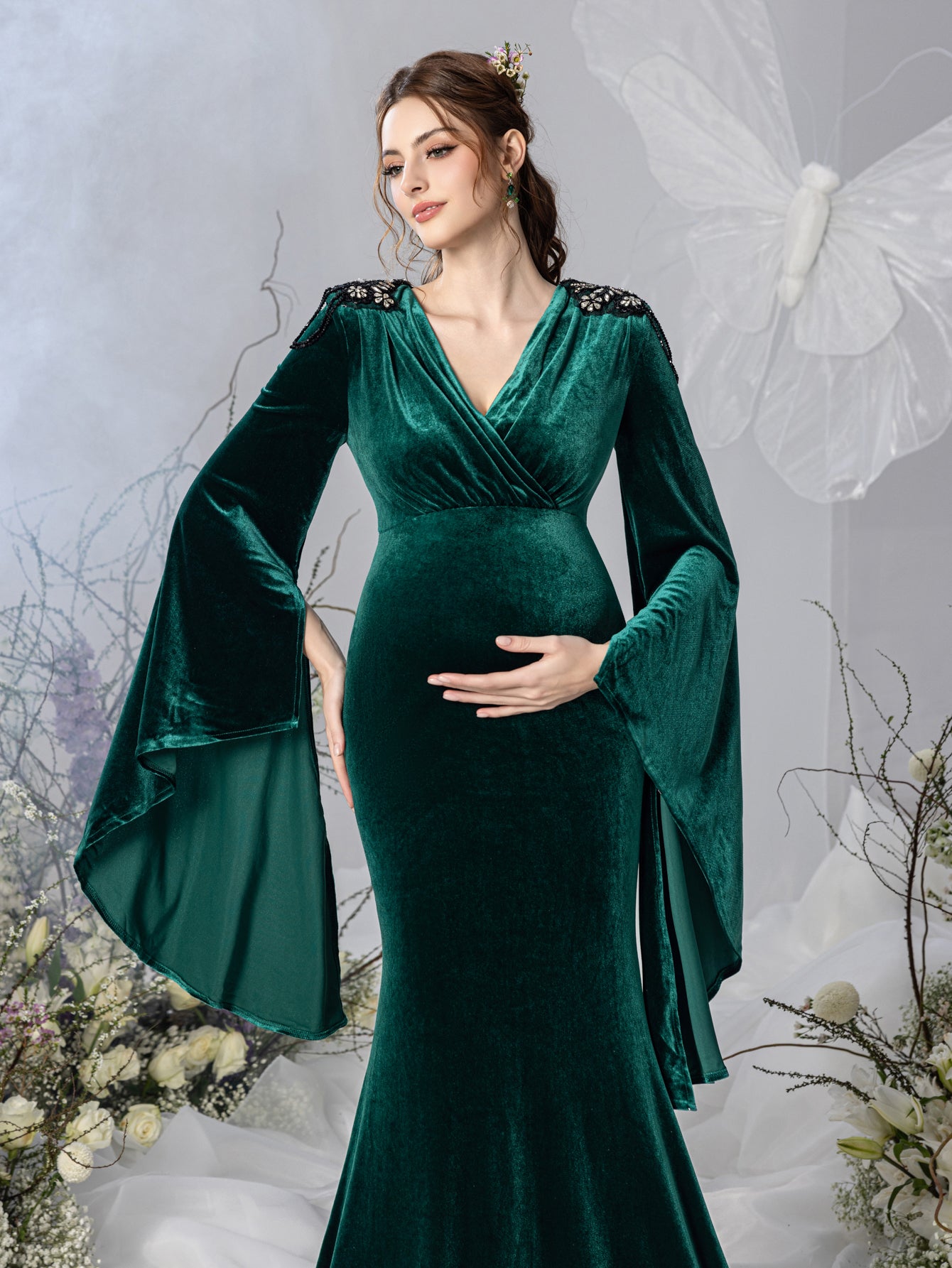 Maternity Surplice Neck Flared Sleeves Mermaid Hem Velvet Evening Dress