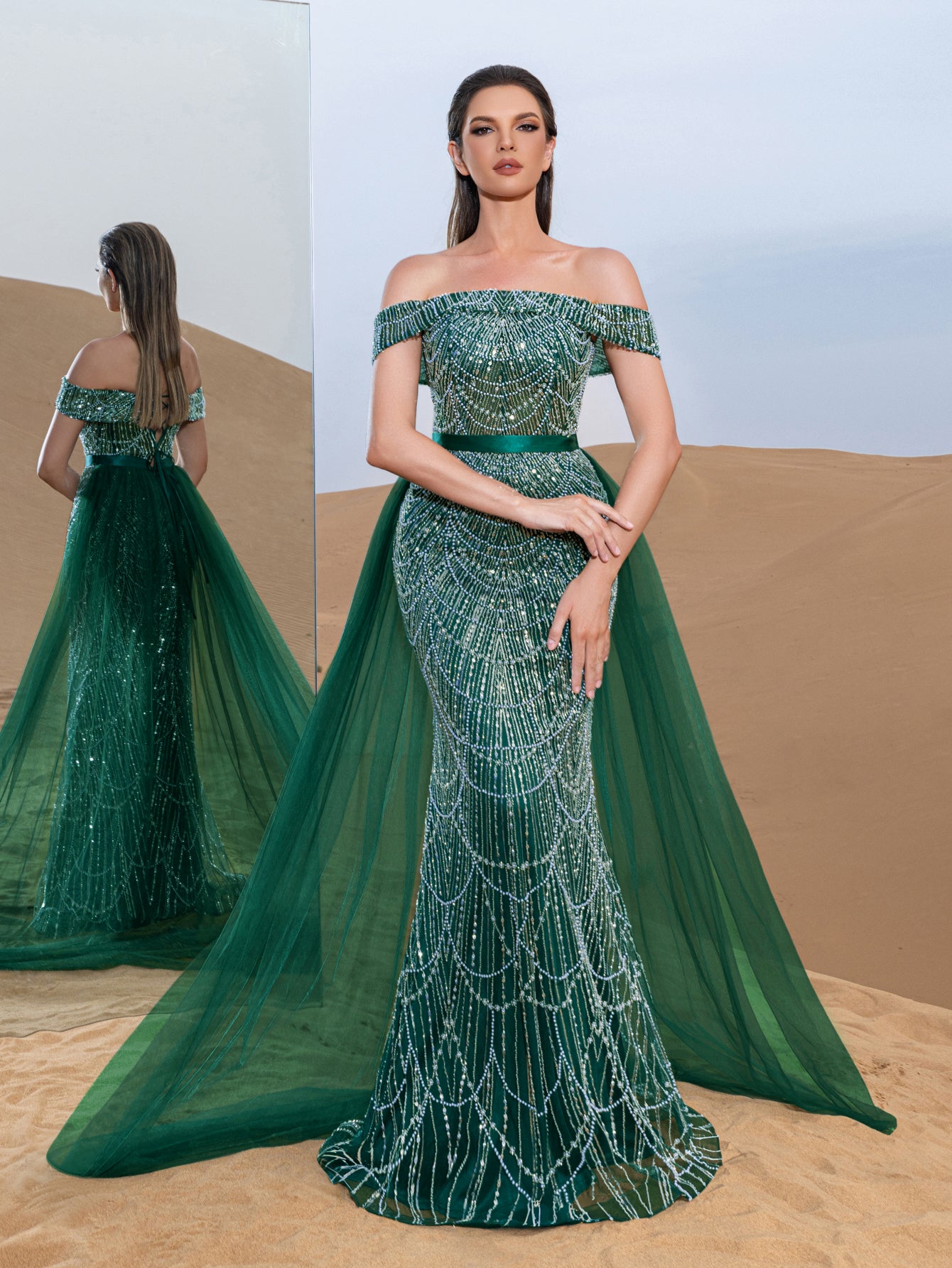 Luxury Off Shoulder Tulle Overlay Mermaid Hem Beaded Seuqin Evening Dress