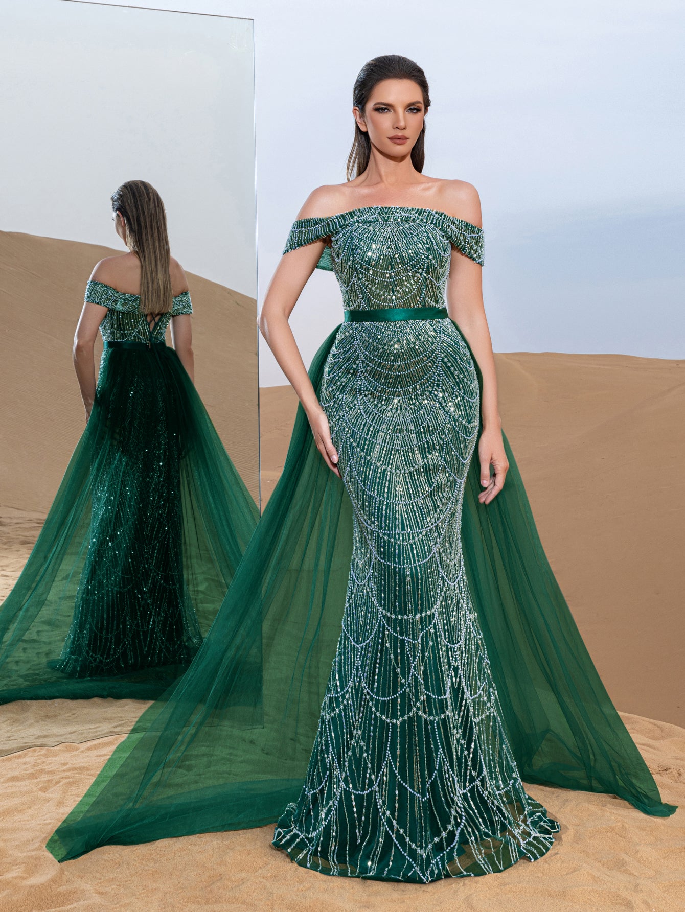 Luxury Off Shoulder Tulle Overlay Mermaid Hem Beaded Seuqin Evening Dress