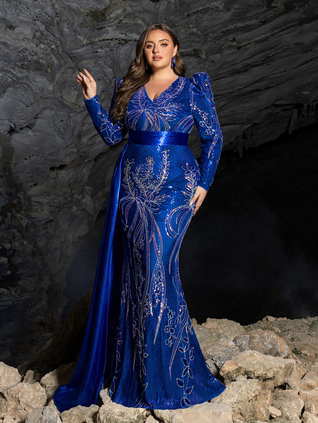 Plus Sequin Embroidered V-Neck Mermaid Gown | Long Sleeve with Wide Belt & Sweep Train