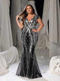 Plus Size Luxury Floral Sequin Deep V-Neck Mermaid Evening Dress