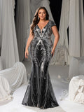 Plus Size Luxury Floral Sequin Deep V-Neck Mermaid Evening Dress