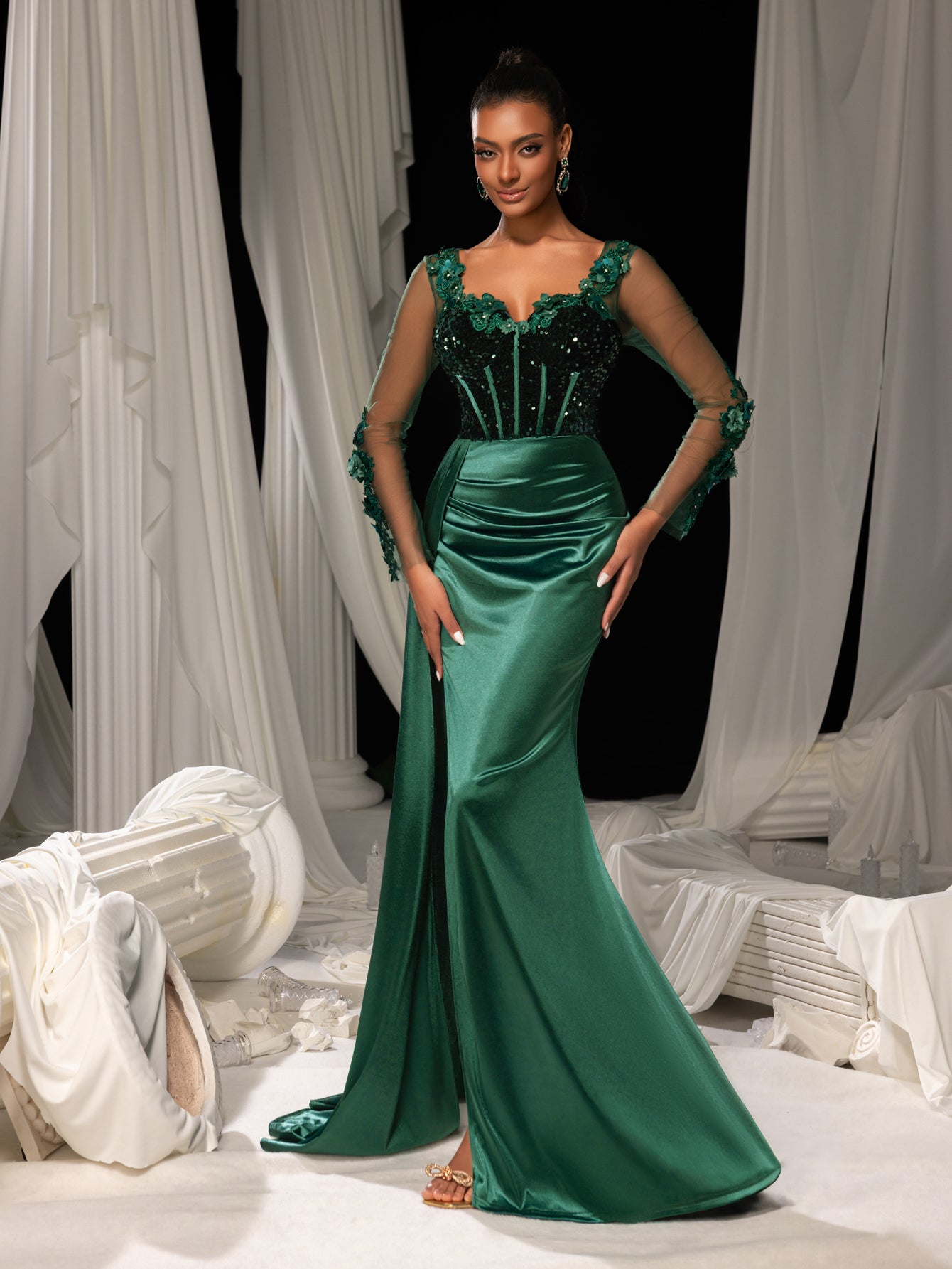 Elegant Sequin Bodice Sheer Sleeves Mermaid Hem Satin Evening Dress