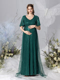 Maternity Mesh Overlay Puff Sleeves Sequin Prom Dress