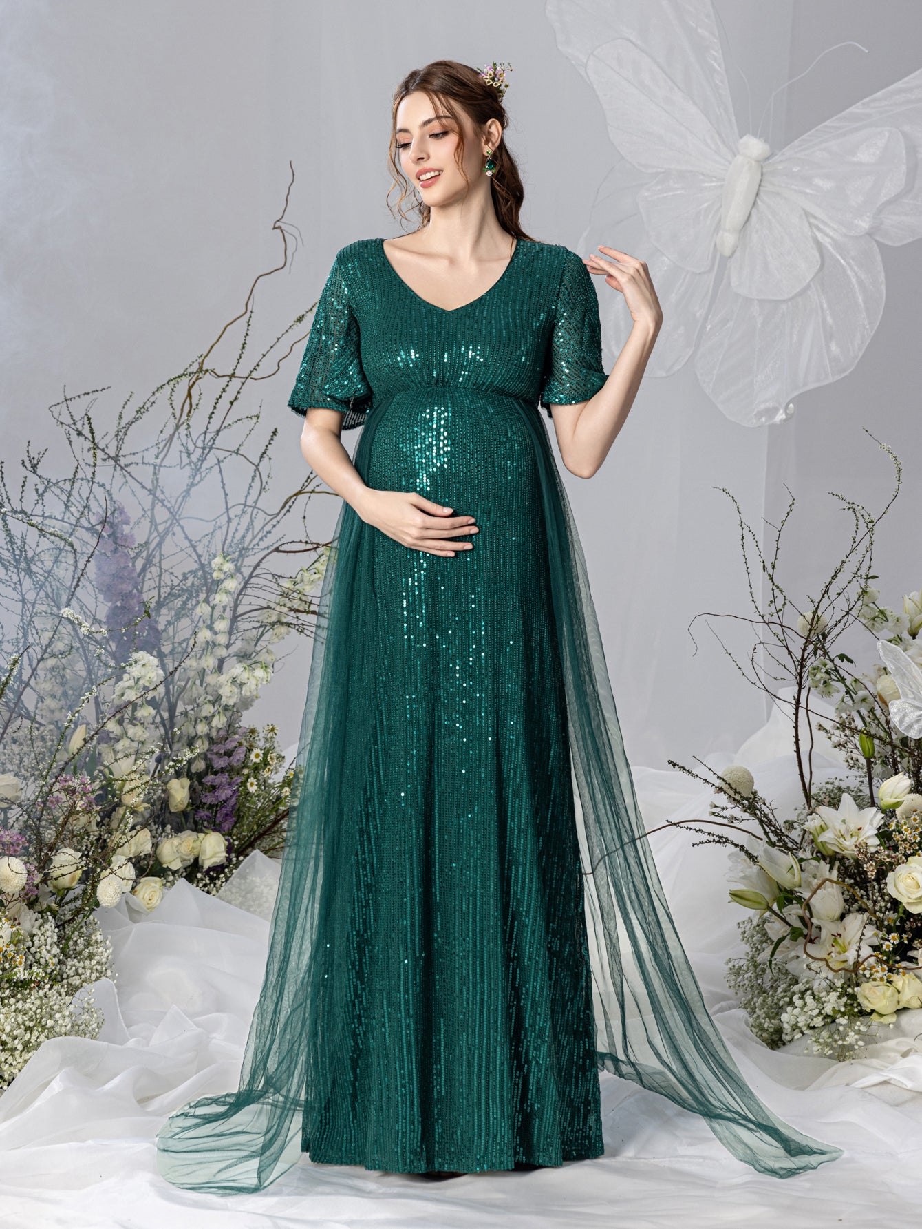 Maternity Mesh Overlay Puff Sleeves Sequin Prom Dress