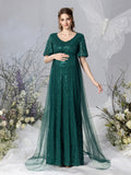 Maternity Mesh Overlay Puff Sleeves Sequin Prom Dress