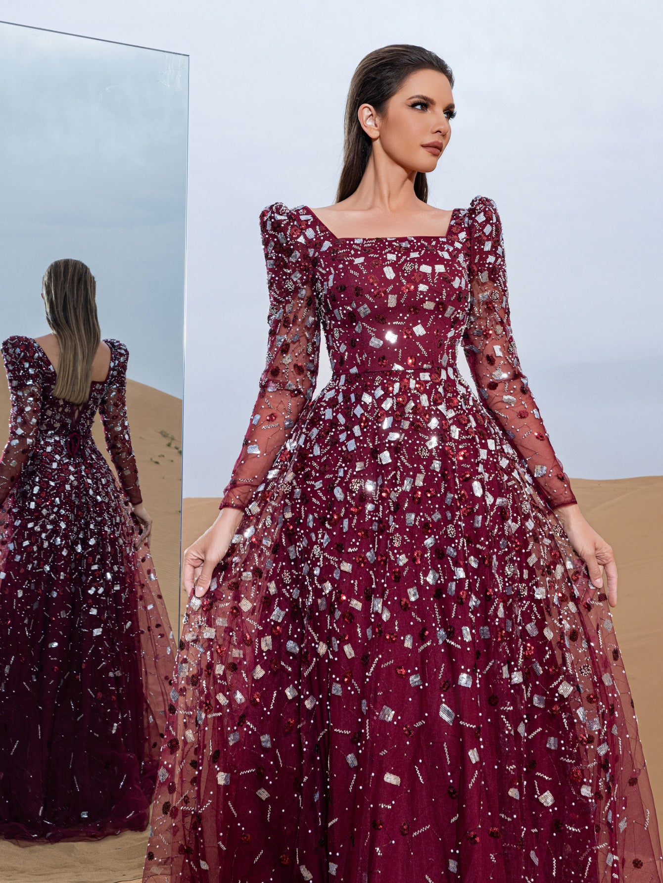 Luxury Gorgeous Square Collar Long Sleeves Beaded Sequin Formal Dress