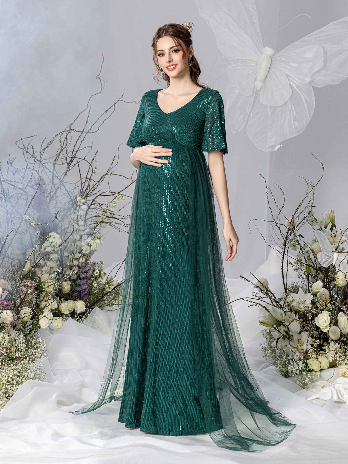 Maternity Mesh Overlay Puff Sleeves Sequin Prom Dress