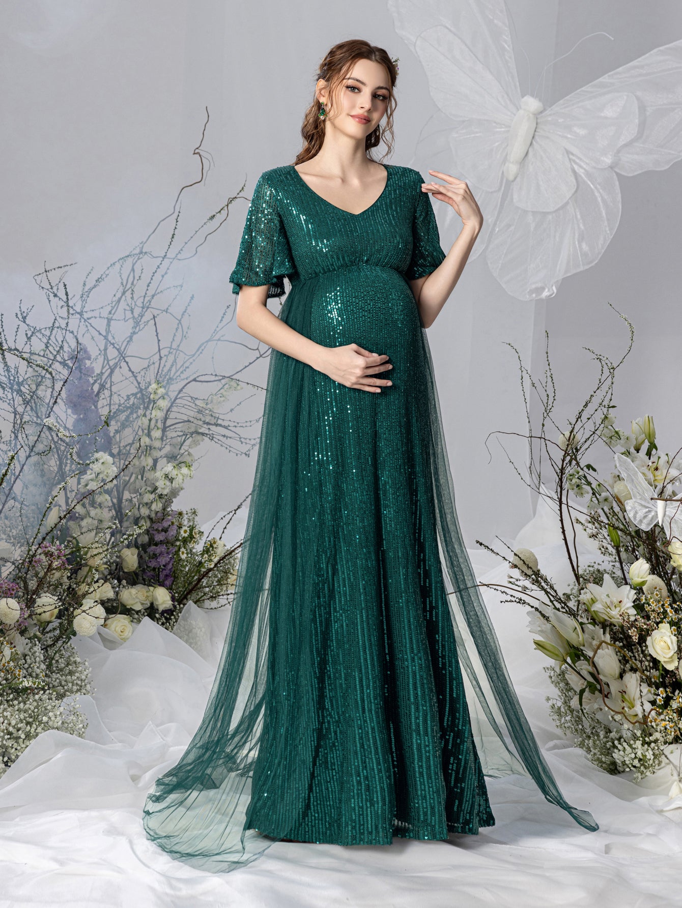 Maternity Mesh Overlay Puff Sleeves Sequin Prom Dress