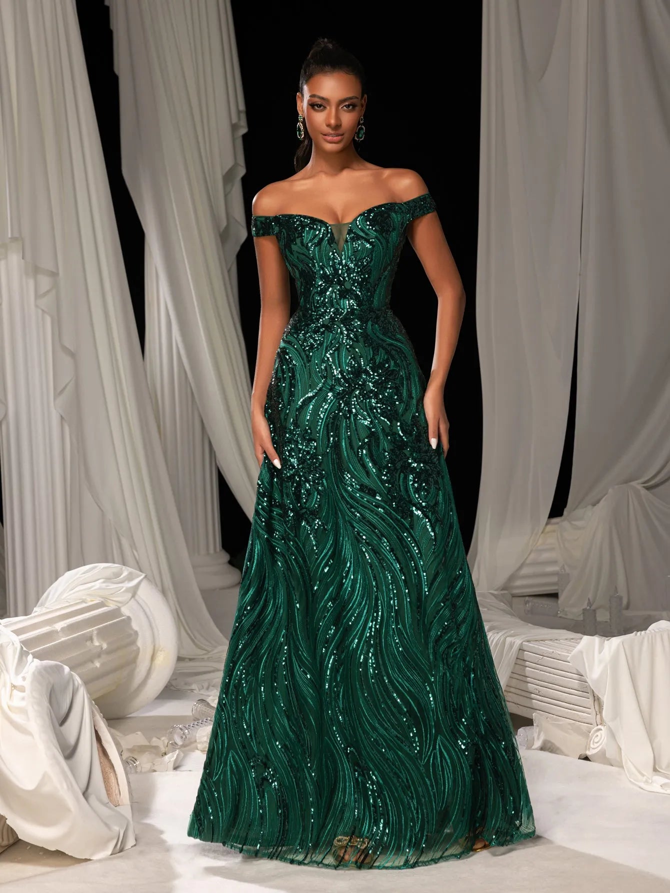 Elegant Off Shoulder Graphic Sequin Formal Prom Dress