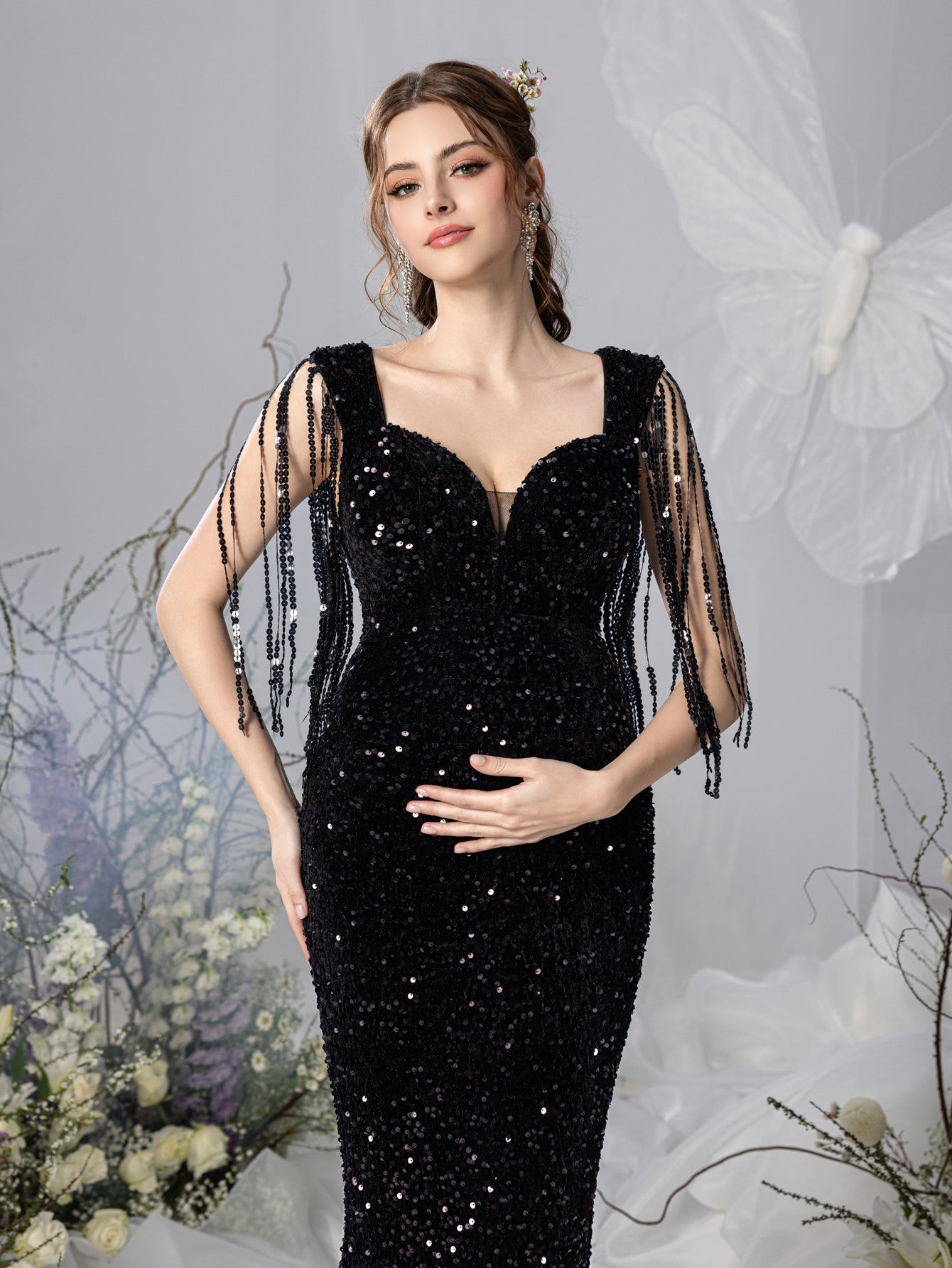 Maternity Sweetheart Neck Mermaid Hem Fringed Sequin Evening Dress