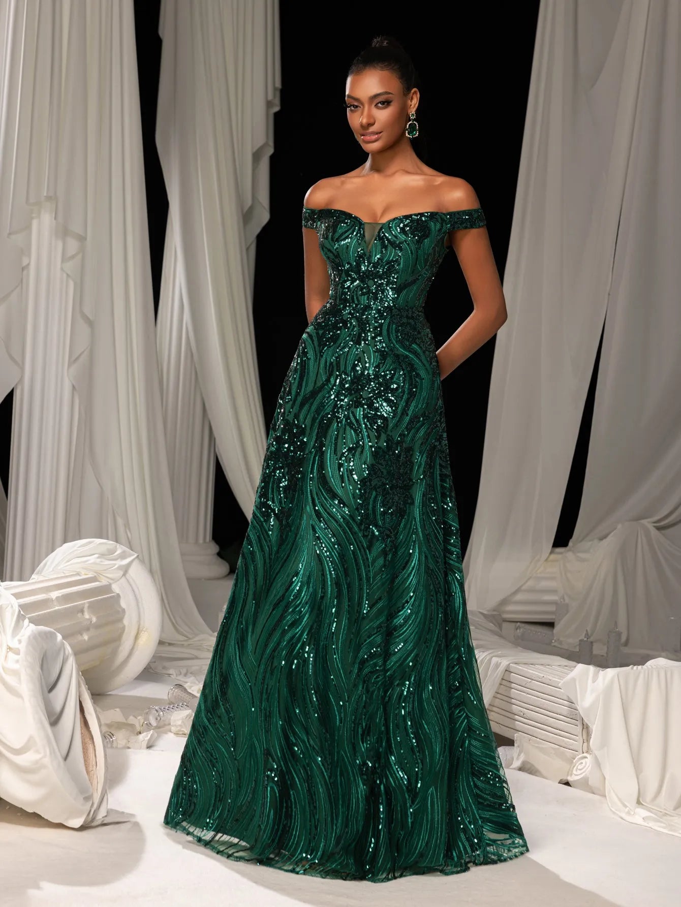 Elegant Off Shoulder Graphic Sequin Formal Prom Dress Evening Dress