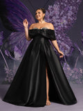 Plus Off Shoulder Rhinestone Embellished Bust Satin Prom Dress Wedding Dress