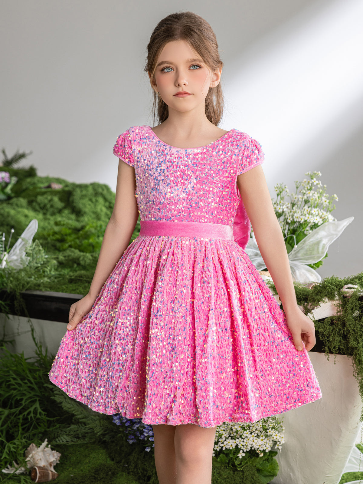 Tween-Mädchenkleid mit Schleife hinten und Pailletten in A-Linie 