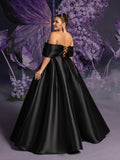 Plus Off Shoulder Rhinestone Embellished Bust Satin Prom Dress Wedding Dress