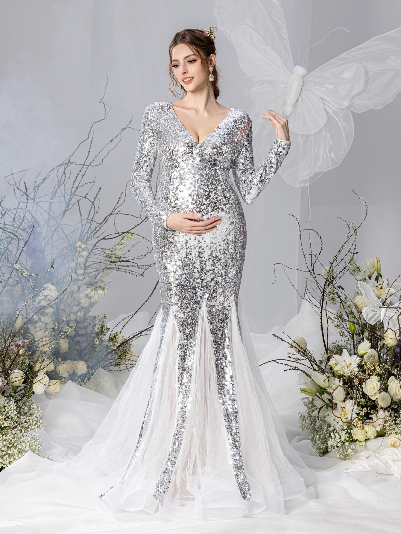 Maternity V Neck Long Sleeves Sequin Mermaid Dress