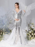 Maternity V Neck Long Sleeves Sequin Mermaid Dress