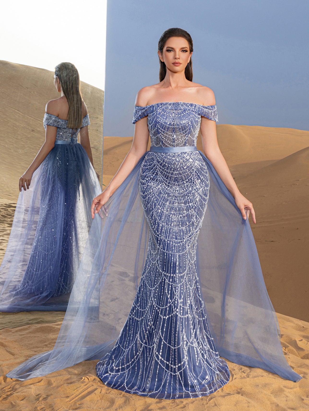 Luxury Off Shoulder Tulle Overlay Mermaid Hem Beaded Seuqin Evening Dress