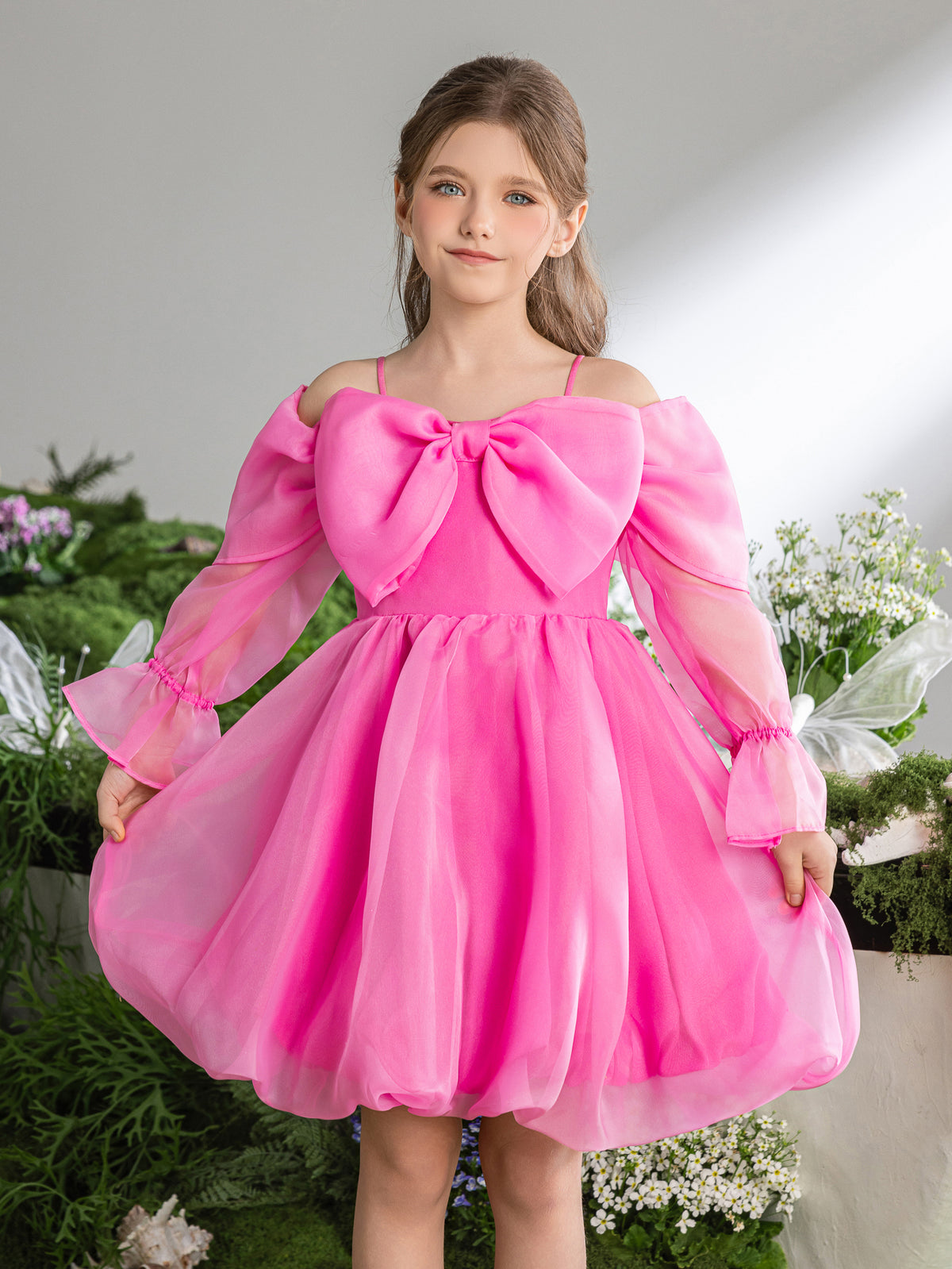 Schulterfreies Puffkleid mit Schleife vorne für Tween-Mädchen 