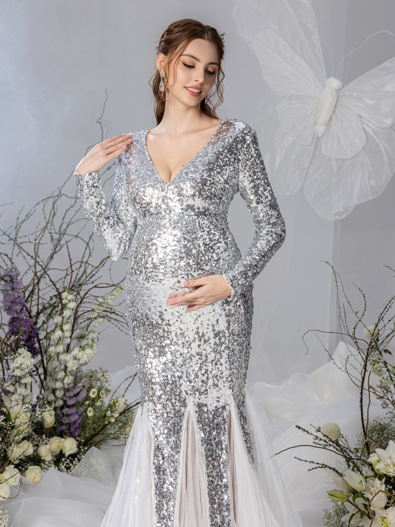 Maternity V Neck Long Sleeves Sequin Mermaid Dress