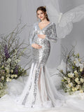 Maternity V Neck Long Sleeves Sequin Mermaid Dress