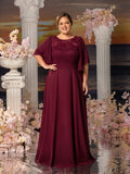 Plus Womens' ELegant Mother-of-the-Bride Gown: Lace Bodice with Chiffon Ruffled Sleeves – Elegant Beach Wedding Formal Dress