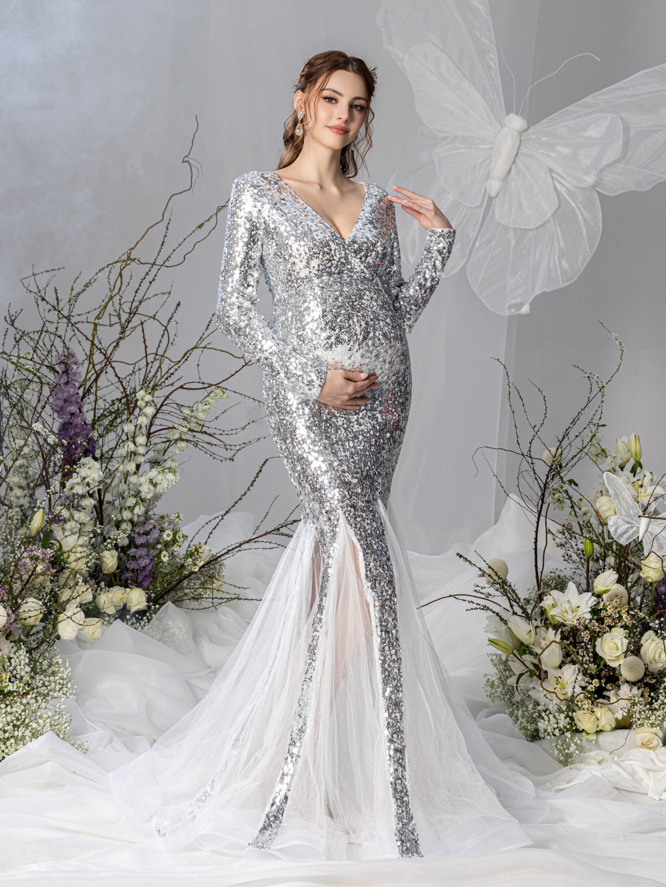 Maternity V Neck Long Sleeves Sequin Mermaid Dress