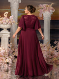 Plus Womens' ELegant Mother-of-the-Bride Gown: Lace Bodice with Chiffon Ruffled Sleeves – Elegant Beach Wedding Formal Dress
