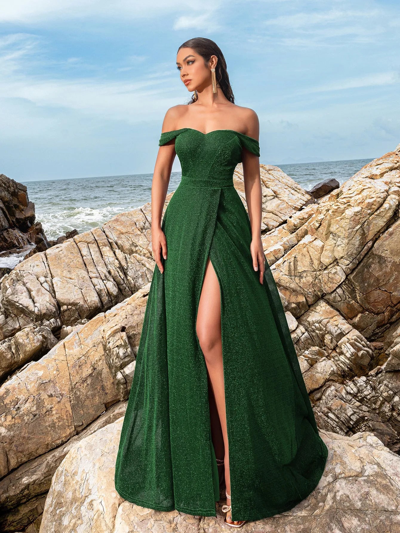 Glitter Off Shoulder A Line Split Thigh Evening Dress