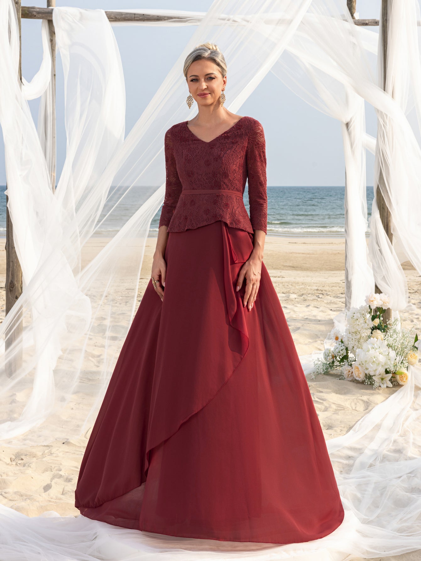 Womens' Elegant Mother-of-the-Bride Gown: Lace V-Neck with Chiffon Skirt & Three-Quarter Sleeves – Elegant Formal Dress for Beach Weddings
