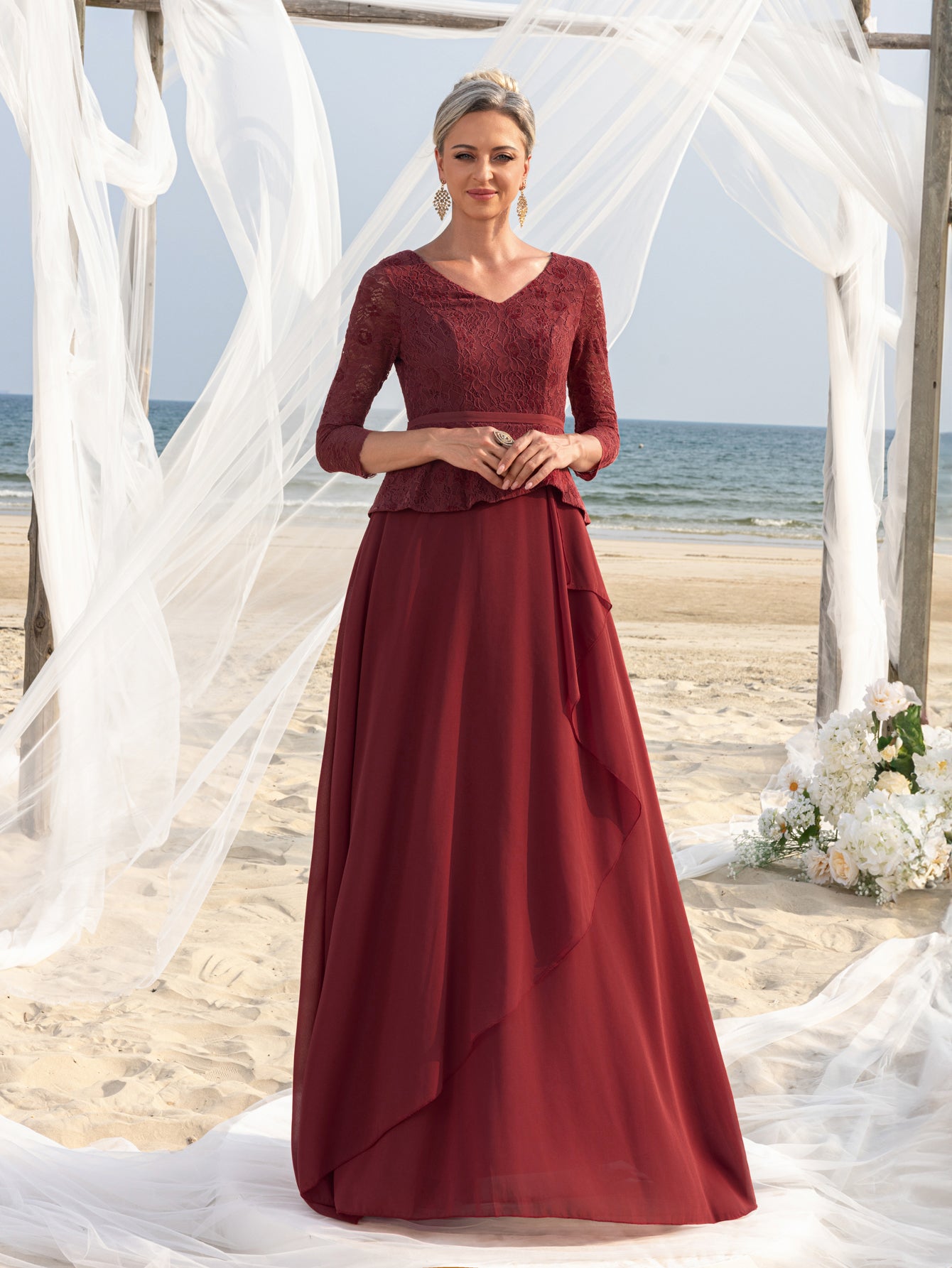 Womens' Elegant Mother-of-the-Bride Gown: Lace V-Neck with Chiffon Skirt & Three-Quarter Sleeves – Elegant Formal Dress for Beach Weddings
