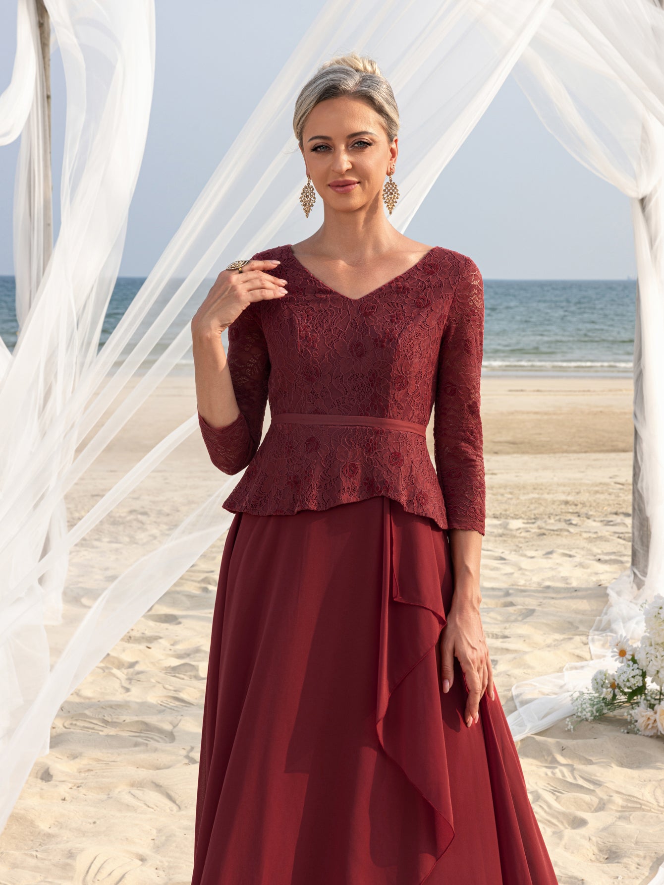 Womens' Elegant Mother-of-the-Bride Gown: Lace V-Neck with Chiffon Skirt & Three-Quarter Sleeves – Elegant Formal Dress for Beach Weddings