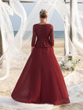 Womens' Elegant Mother-of-the-Bride Gown: Lace V-Neck with Chiffon Skirt & Three-Quarter Sleeves – Elegant Formal Dress for Beach Weddings