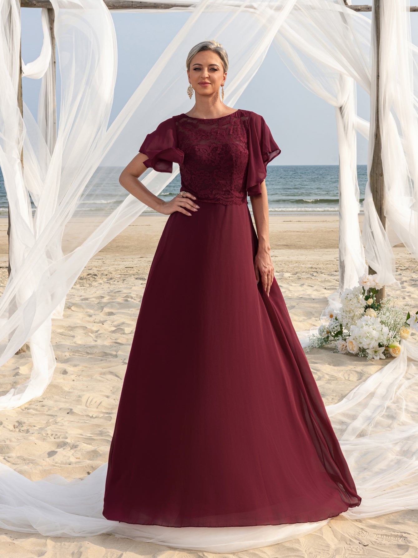 Womens' ELegant Mother-of-the-Bride Gown: Lace Bodice with Chiffon Ruffled Sleeves – Elegant Beach Wedding Formal Dress