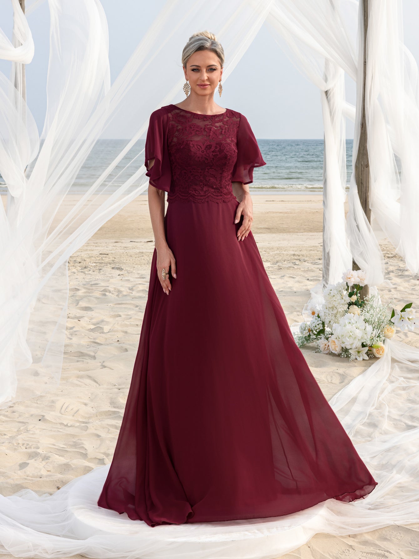 Womens' ELegant Mother-of-the-Bride Gown: Lace Bodice with Chiffon Ruffled Sleeves – Elegant Beach Wedding Formal Dress