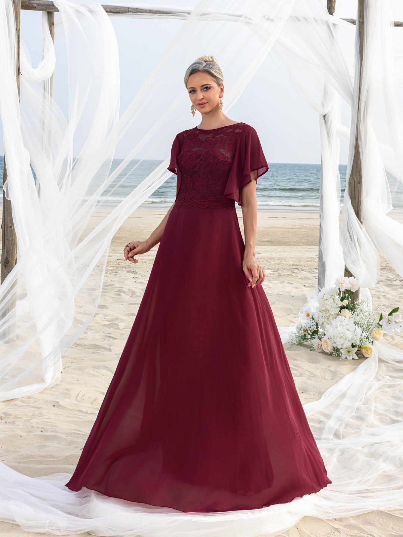 Womens' ELegant Mother-of-the-Bride Gown: Lace Bodice with Chiffon Ruffled Sleeves – Elegant Beach Wedding Formal Dress
