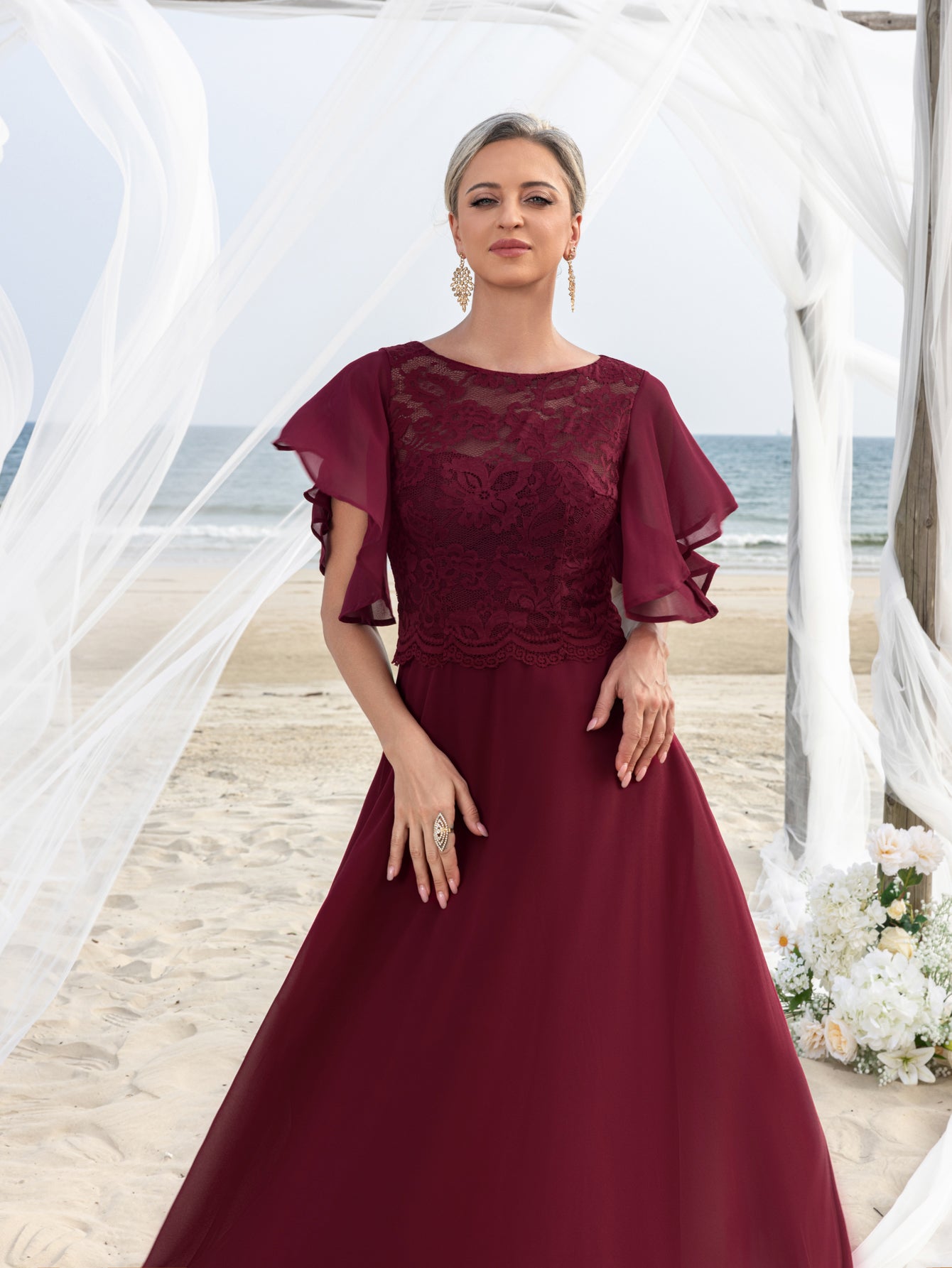 Womens' ELegant Mother-of-the-Bride Gown: Lace Bodice with Chiffon Ruffled Sleeves – Elegant Beach Wedding Formal Dress
